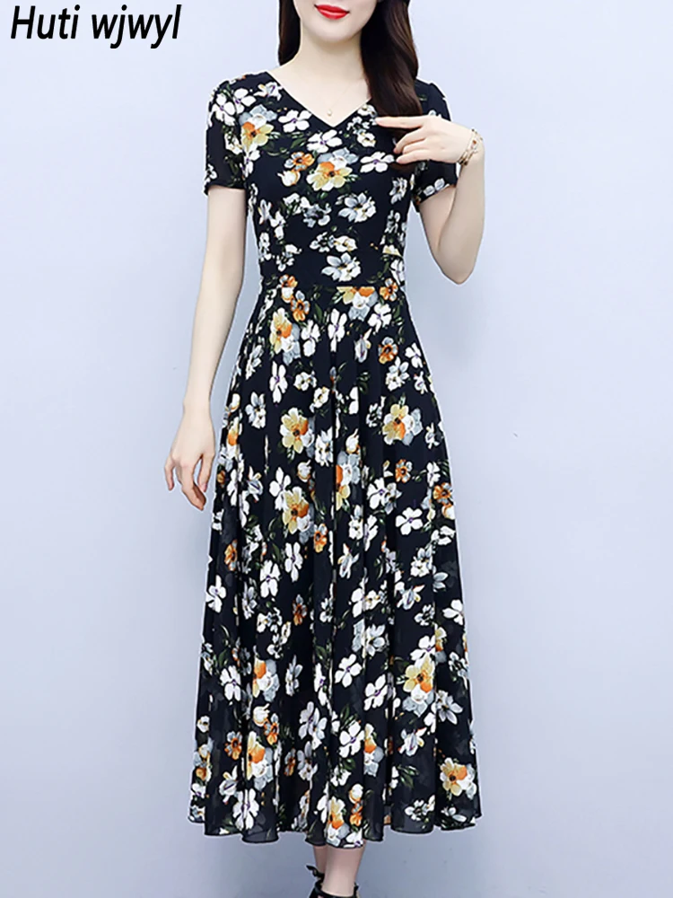 

2023 New Cheap Casual Women's Dresses Black Floral Chiffon Short Sleeve Midi Prom Dress Summer Korean Elegant Casual Beach Dress