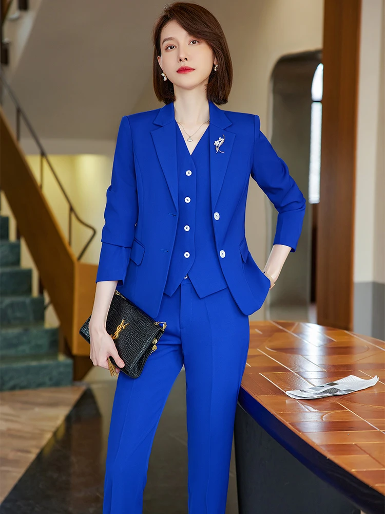 Women Formal 3 Pieces Set Blazer Vest and Pant Suit Red Navy Black Blue For Office Ladies Business Work Career Wear