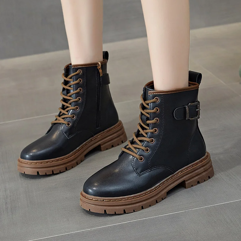 

England High Street Vintage Side of Zipper Cowhide Ankle Boot Winter Boots Women Shoes Woman Botas Mujer Shoes Female