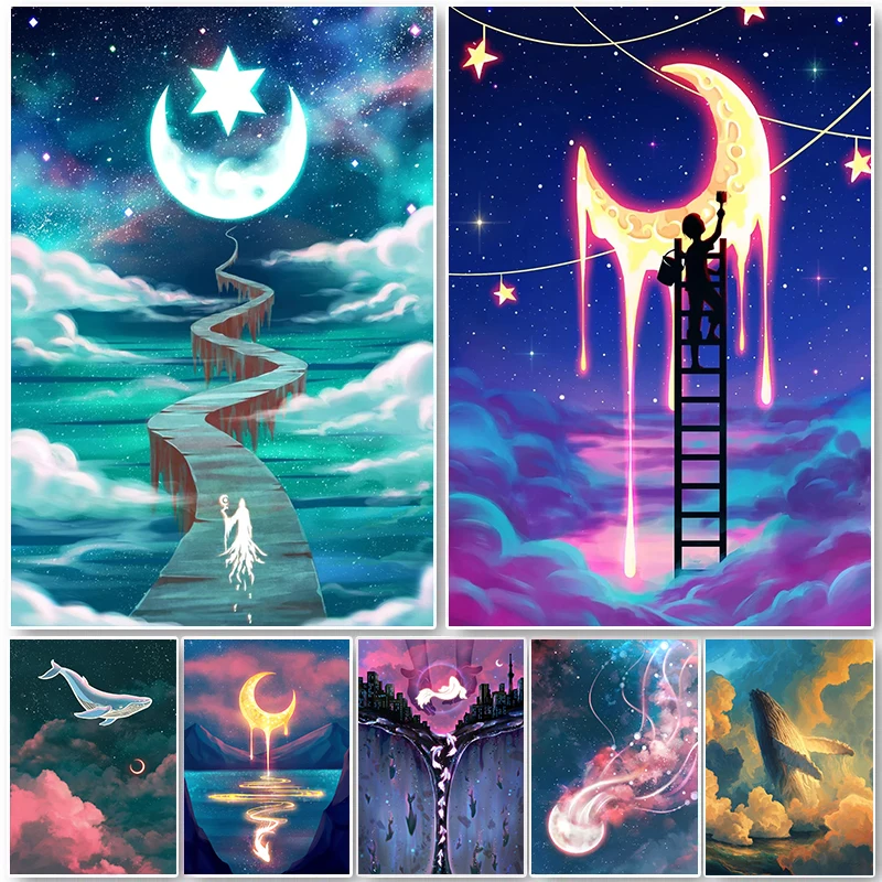 

Абстрактная фантазия звезда Луна Пейзаж мультфильм плакаты Рыба Кит настенная Художественная печать картина для детской комнаты домашний ...