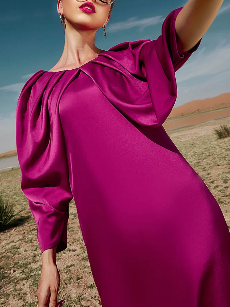 Pleated Party Abaya Women Elegant Satin Fuchsia Evening Dresses Muslim African Long Dresses Islam Turkey Modest Abayas Wedding