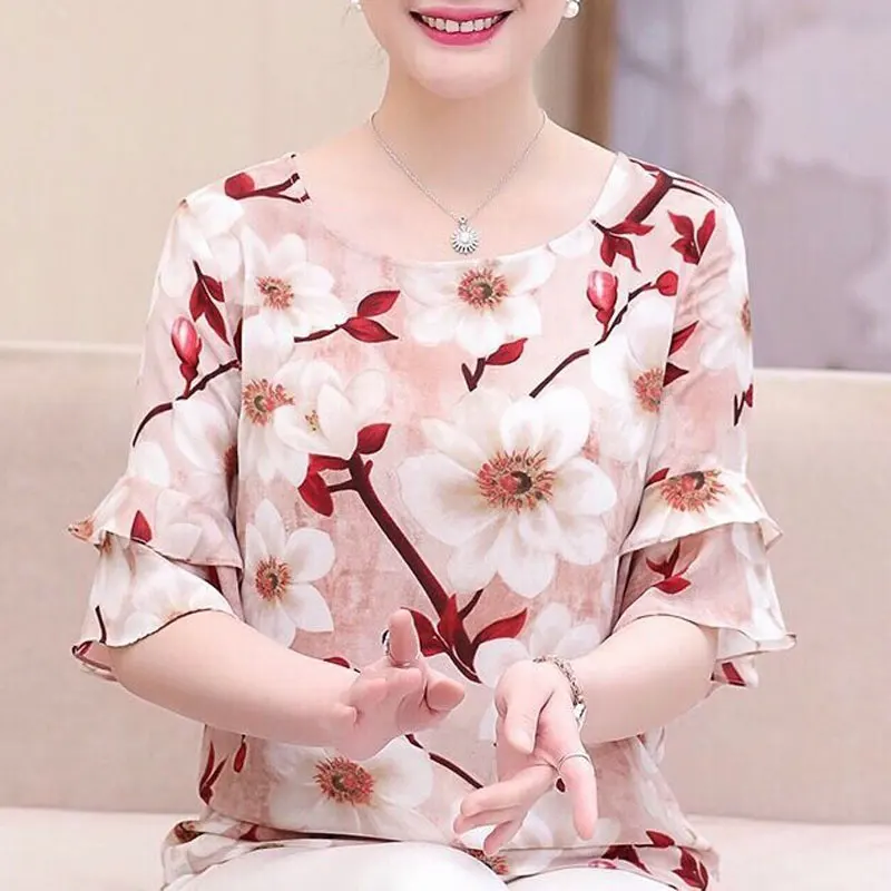 Female Clothes Korean Fashion Elegant Chiffon Blouse Ladie Ruffles Printed Simple All-match Top Summer Short Sleeve Pullover enlarge