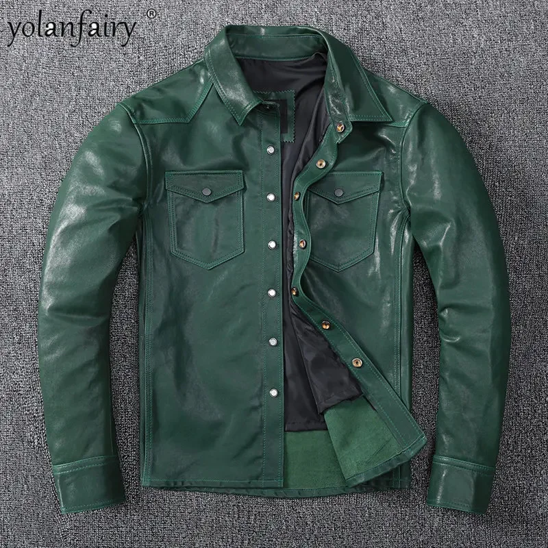 

Куртка мужская из натуральной кожи, приталенный пиджак в Корейском стиле, зеленая натуральная овчина, повседневная одежда с укороченным хвостом