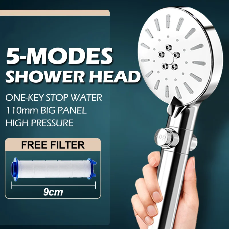 High Pressure Shower Head with Filter 5 Modes Adjustable Water Saving One-key Stop Water ECO Shower Head Bathroom Accessories