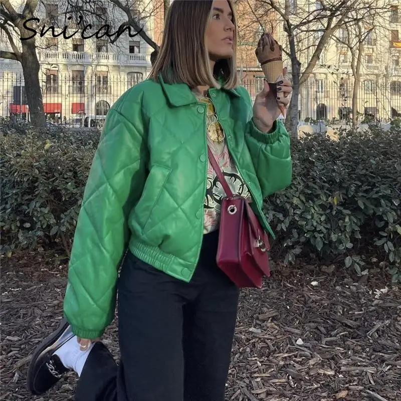 Solid Green Faux Leather Women Outwear Thick Winter Fashion Patchwork Cropped Jacket Coat  bombers Ladies Tops  chaquetas NEw