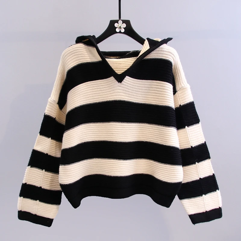 

Hooded Knitted Women Sweater Pullovers Autumn Winter New 2021 Striped Thicken Warm Female Outwear Coats Tops