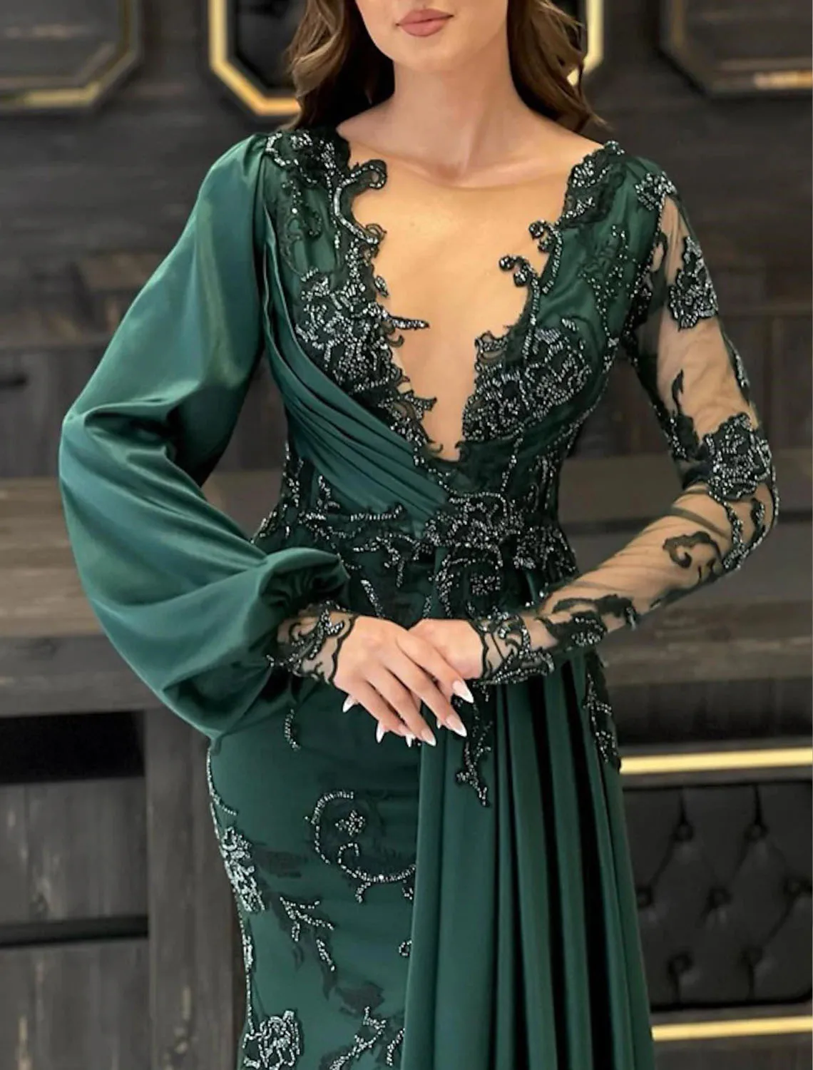 Фото Mermaid Luxurious Elegant Evening Gown Formal Dress Wedding Guest Stretch Chiffon Lace V Neck Appliques 2025 free customized №2