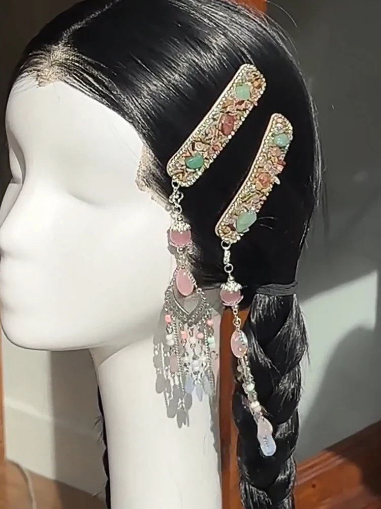 Ethnic Sle Pink Diamond Tassel Hairpin Exquisite Retro High Sense Side Bang Clip Temperament High end Headdress W... |