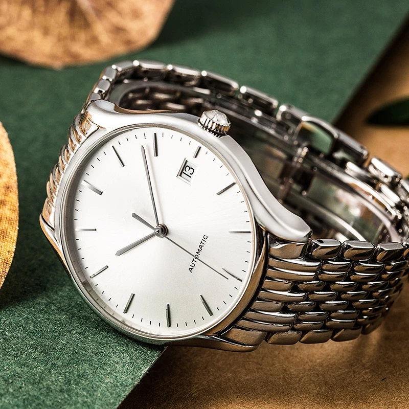 

Классические мужские автоматические механические часы с белым циферблатом и ремешком из нержавеющей стали
