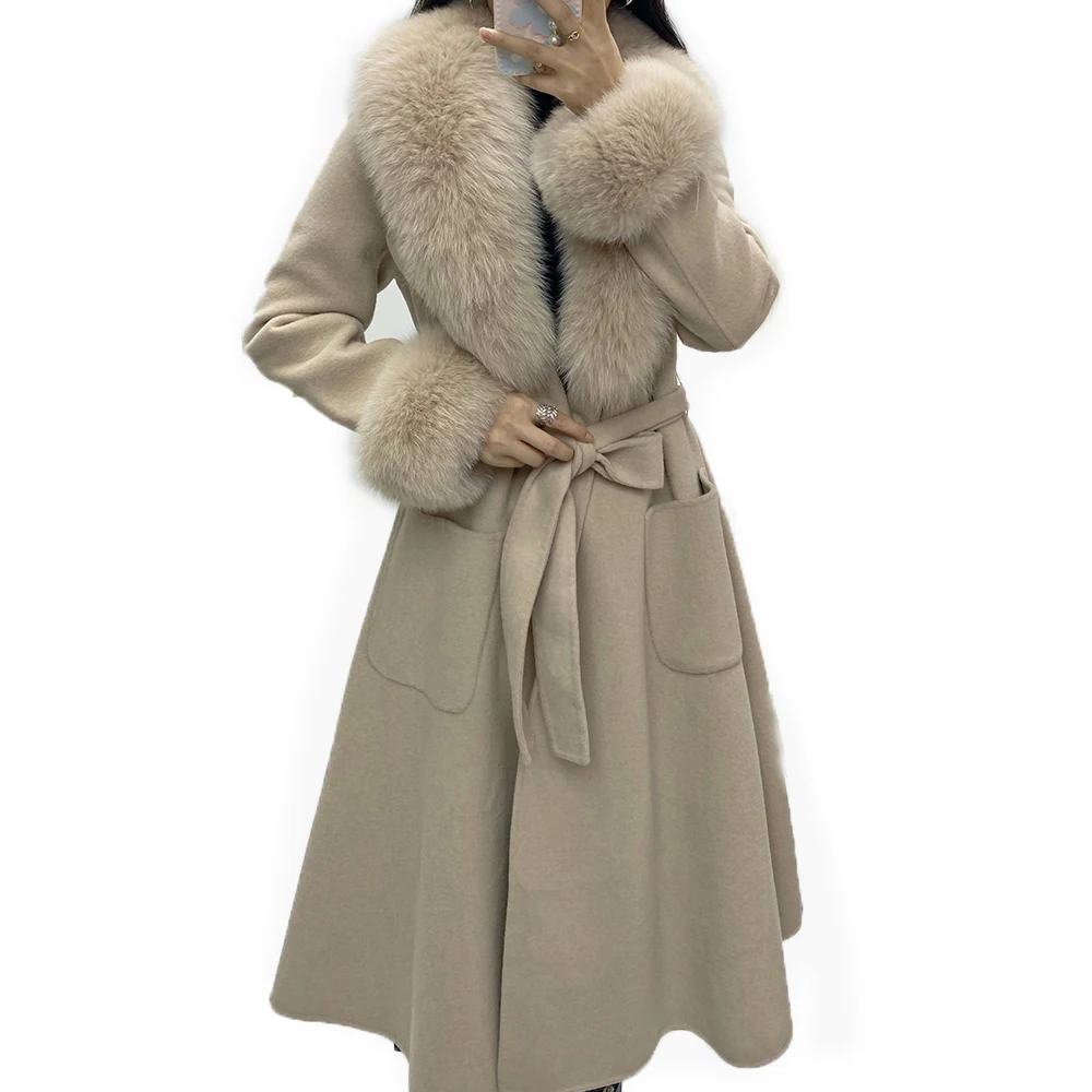 Women's Fall Winter Natural Fur Jacket Real Woolen Coat With Genuine Fox Fur Collar Cashmere Hooded Coats Long Elegant Outerwear