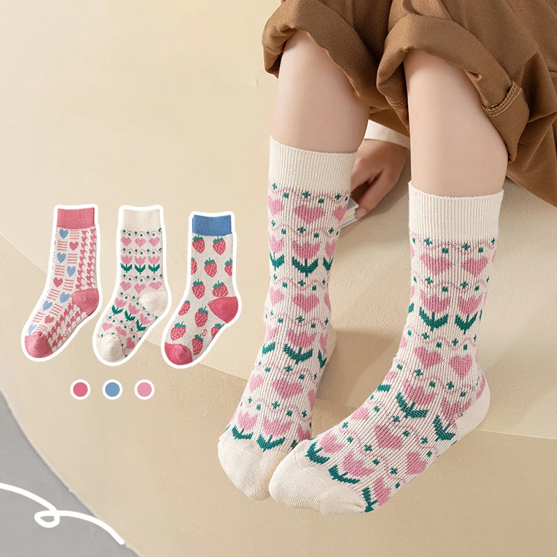 

3 пары/Лот, детские носки, носки для девочек с розовыми цветами, клубничками, хлопковые детские носки, носки для маленьких девочек, теплые нос...