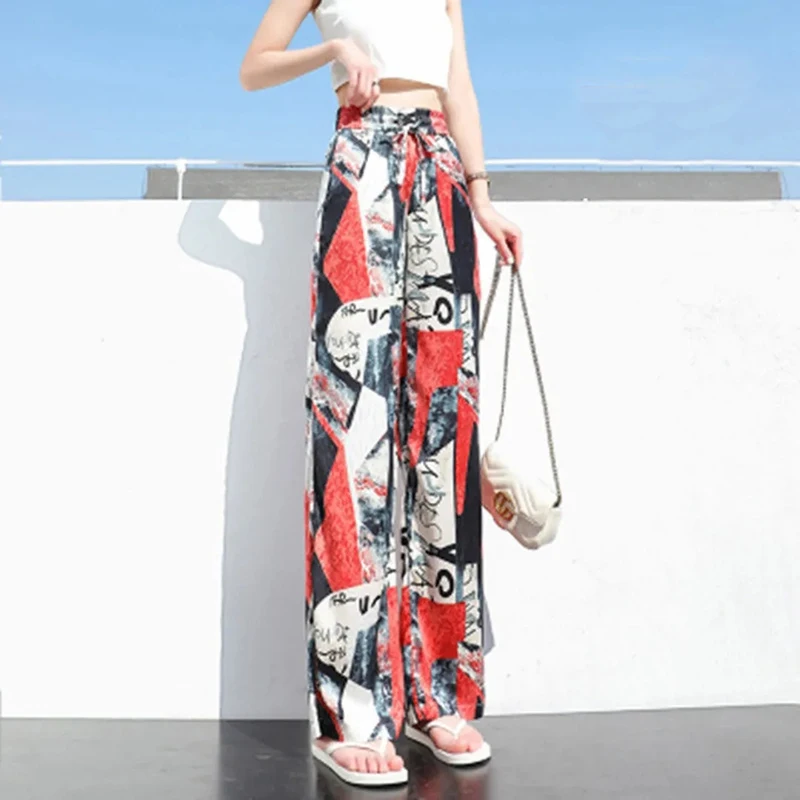 Брюки женские с принтом элегантные мешковатые Широкие штаны эластичным поясом