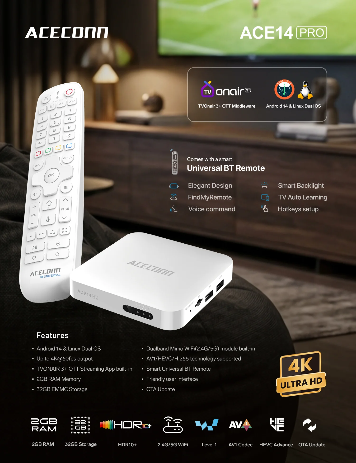 Фото ACE14 Pro DUAL OS IPTV онлайн ТВ-бокс, стриминговый бокс, IPTV, 2 ГБ ОЗУ, 32 ГБ памяти, двухдиапазонный Wi-Fi, LAN-порт, Bluetooth, автоматическое обучение горячим клавишам, подсветка пульта. №1