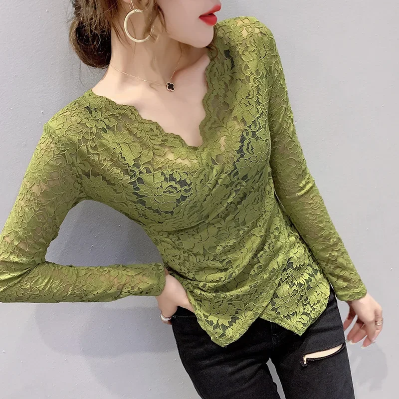 Сплошной цвет с длинным рукавом в европейском стиле сексуальный кружевной топ