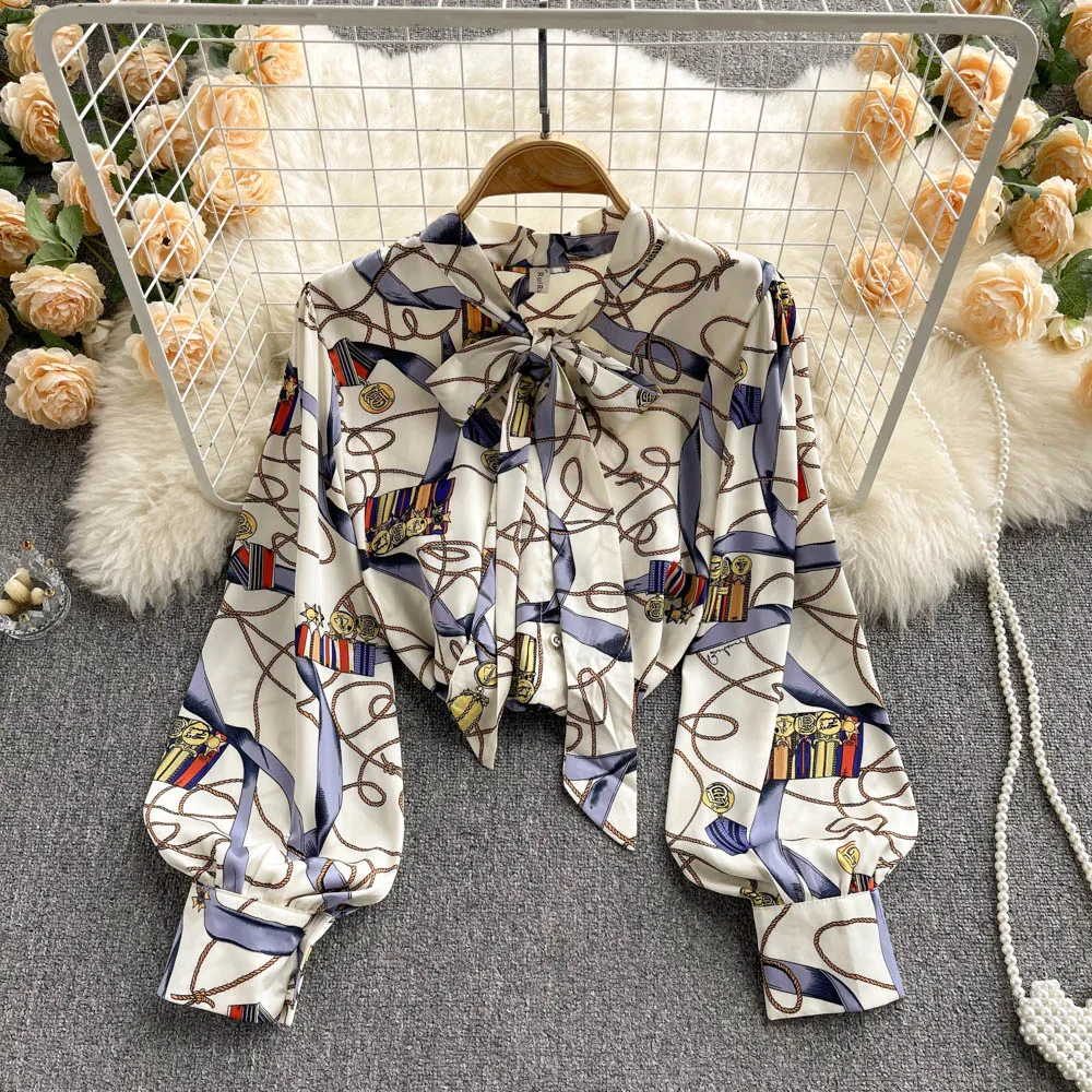 

Simple retro printed shirt female 2022 new style foreign fashion all-match puff sleeve loose temperament shirt blouse