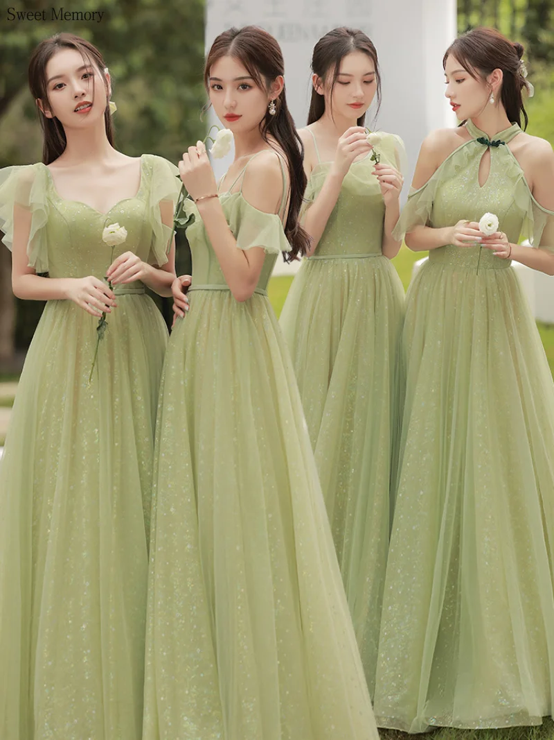 

Princess Halter Green Bridesmaid Dresses Girls Lace Up Formal Gowns Off The Shoulder Floor Length Women Wedding Party Dress