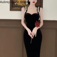 elegant black long dress women summer sexy spaghetti strap velvet dress female vintage casual evening party bodycon dress 2022