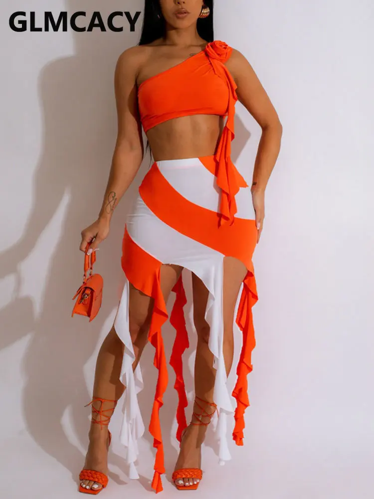 

Women 2 Piece Chic Suits One Shoulder Crop Top & Tassels Irregular Skirt Set