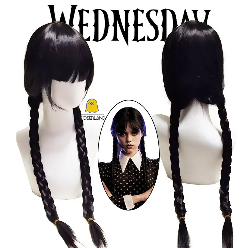 

Женский парик для косплея средней длины, черные длинные волосы с двойным конским хвостом, аксессуары для вечеринки, на Хэллоуин