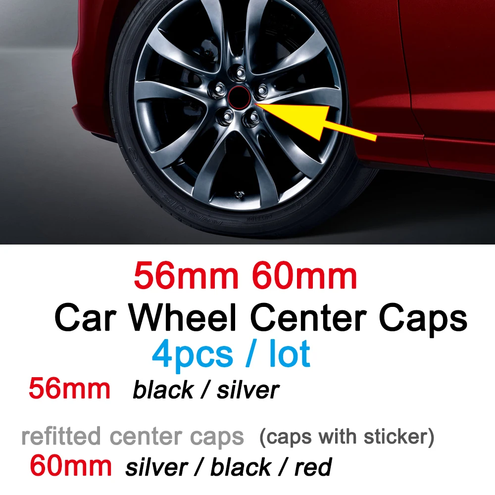 

4Pcs 56mm 60MM Black Silver Car Wheel Center Hub Caps Logo Rims Covers Emblem Badge For Mazda 2 3 4 5 6 CX-4 Auto Accessories
