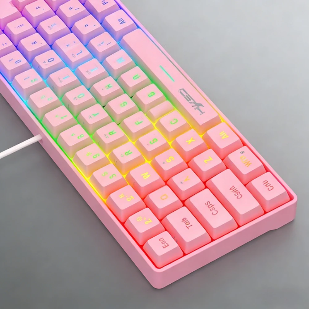 Фото Игровая клавиатура 60% RGB, белая, миниатюрная, проводная, с подсветкой, для ПК, цветная, розовая, белая. №3