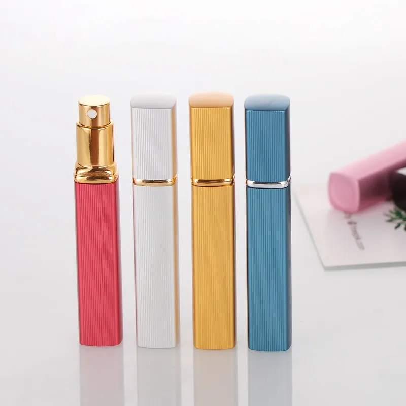 

10ml Perfume Bottle Aluminum Square Tube Long Strip Press Packing Convenient Travel Spray Bottle Cosmetic Glass Empty Bottle