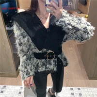 elegant ladies woolen coat 2020 autumn winter women new fashion lapel slim fit overcoat chic v neck short plush fur coats belt