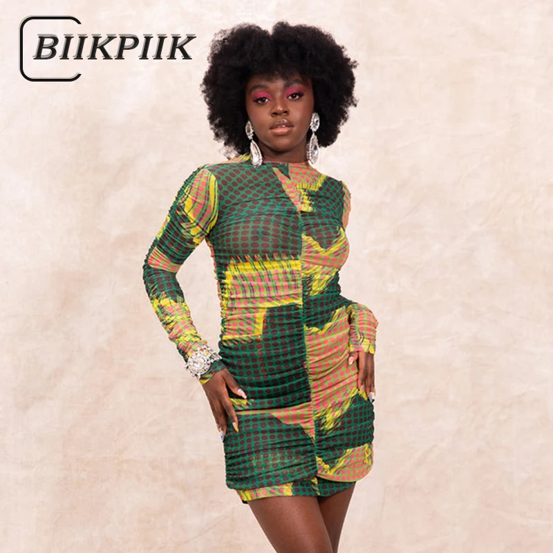 

BIIKPIIK O Neck Multi-color Printing Mini Dress Women Mesh Sexy Fashion Long Sleeve Ruched Hip Dresses Elegant Ladies Streetwear