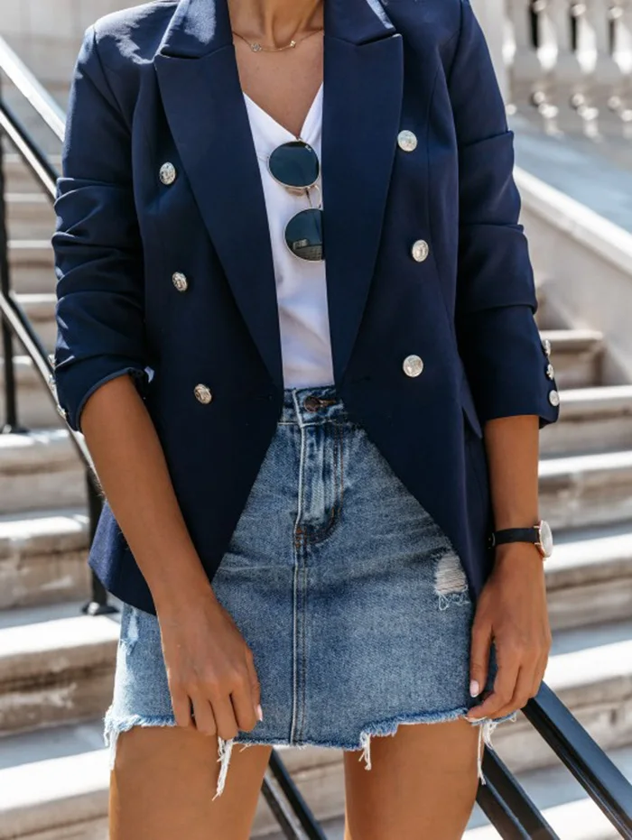 Blazer for Women Autumn Long Sleeved Double Breasted Solid Standing Collar Blazer Women Jactet