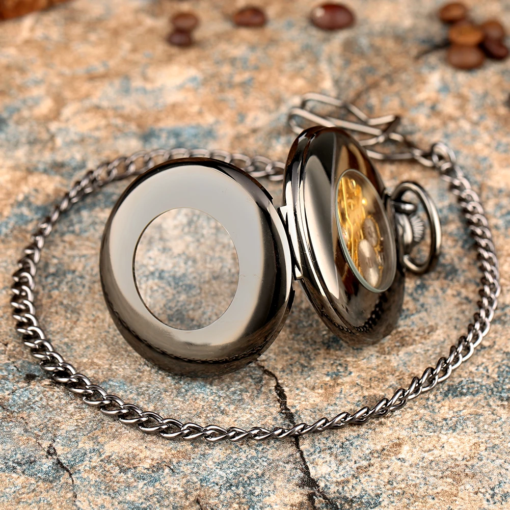 Smooth Black Hollow Circle Mechanical Pocket Watch White Pointer Vintage Hand Winding Pendant Pocket Timepiece Retro Gift Male