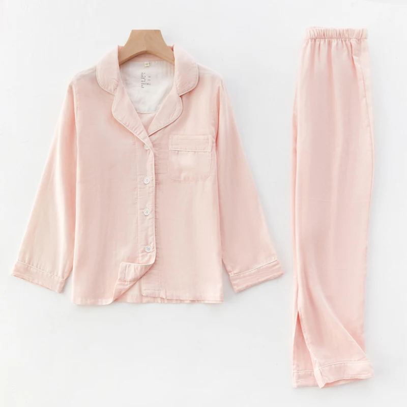 2022 New Spring Summer 100% Cotton Gauze Pajamas Set Men Unisex Homewear High Quality Full Sleeve Night Sleep Pants Sets