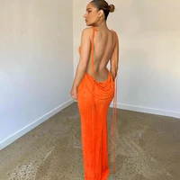 2022 new backless maxi dress sexy orange spaghetti strap slim dress for women long club party beach dress summer blue outfits