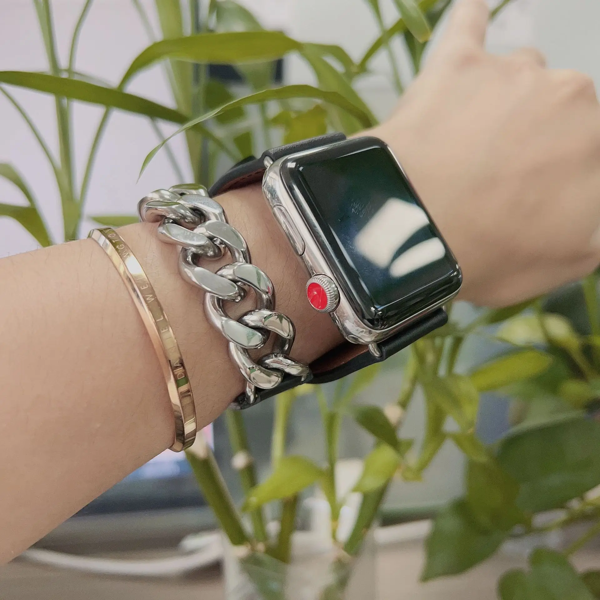 Leather Gourmette Metal Double Tour Strap For Apple Watch Band 49mm 41mm 45mm 40mm Leather Bracelet for iWatch series 8 7 6 SE 5