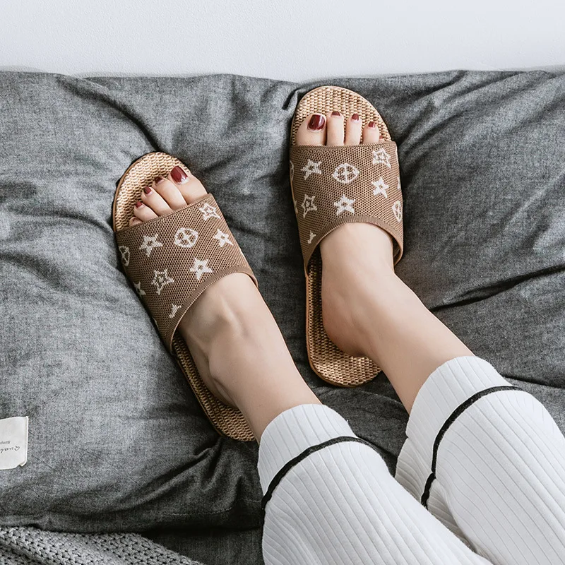 

New Flax Slippers For Women Men Summer Casual Flat Slides Female Open Toe Sandals Non-Slip Home Shoes Indoor Flip Flops