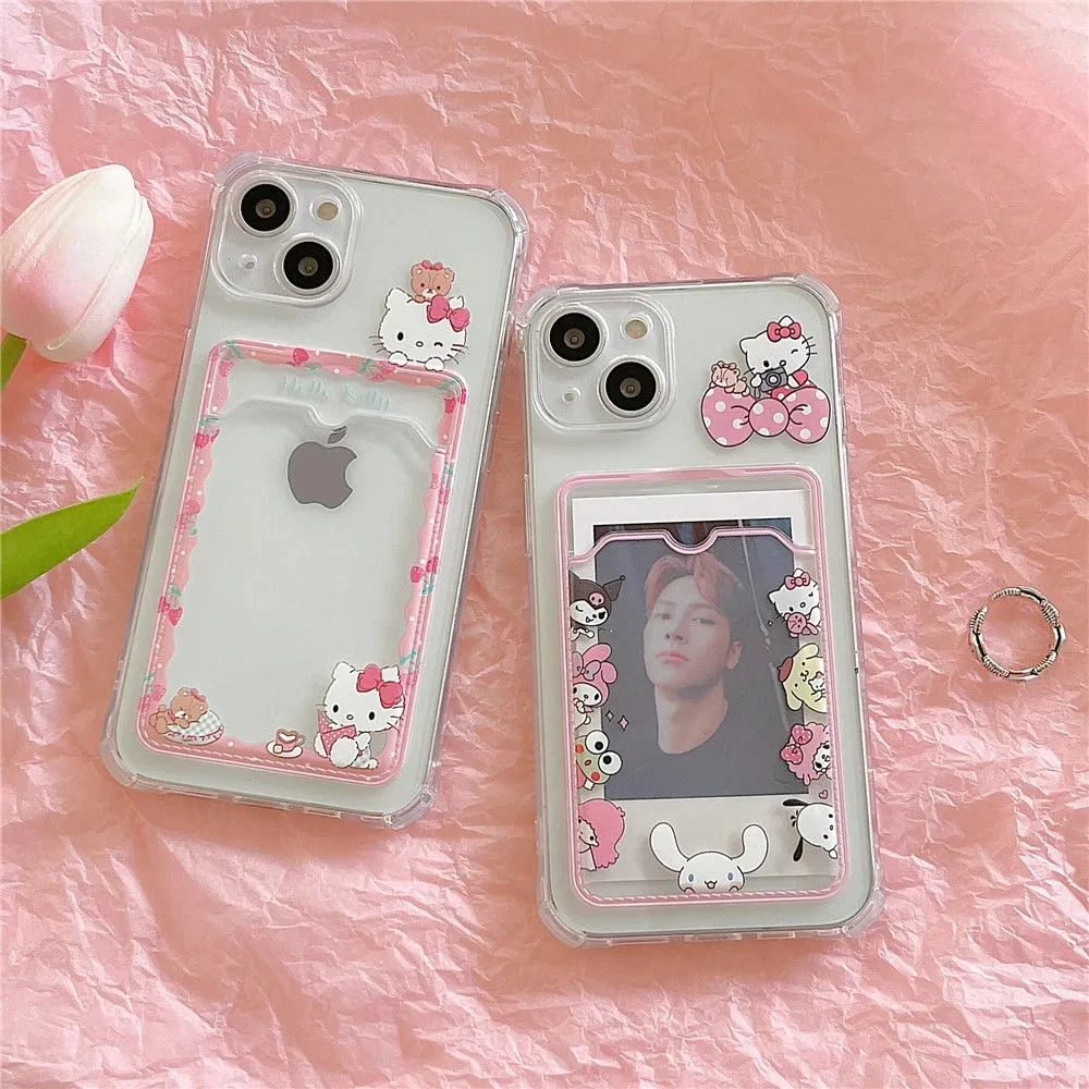 

Bandai Cartoon Hello Kitty Clear Silicon Phone Case For iPhone XR Xs Max 8Plus 11 12 13Mini 13 Pro Max Card Bag phone cases