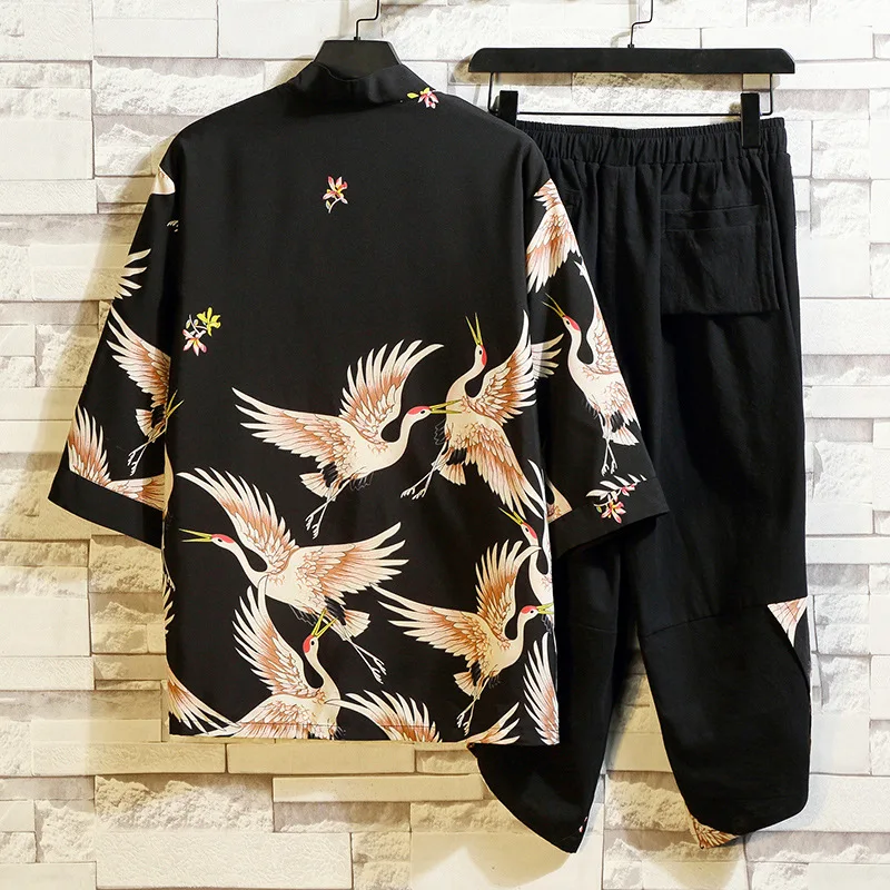 Print Crane Men Black Pajamas Sets 2PCS Cotton Kimono Robe Chinese Style Summer New Cardigan Suit Lingerie Home Clothes