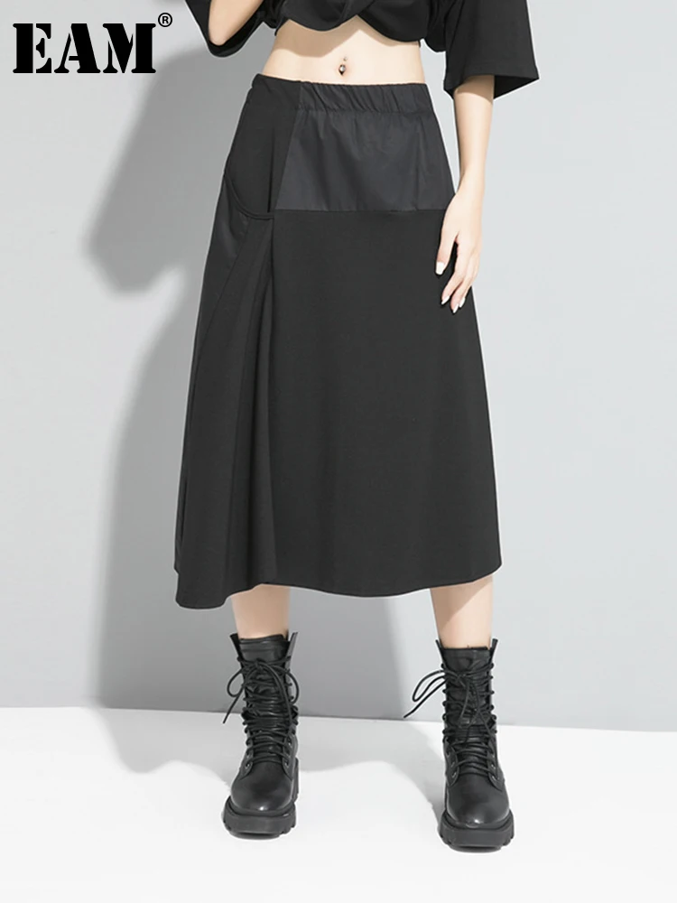 

[EAM] High Elastic Waist Black Asymmetric Pleated Long Casual Half-body Skirt Women Fashion Tide New Spring Autumn 2023 1DF5293