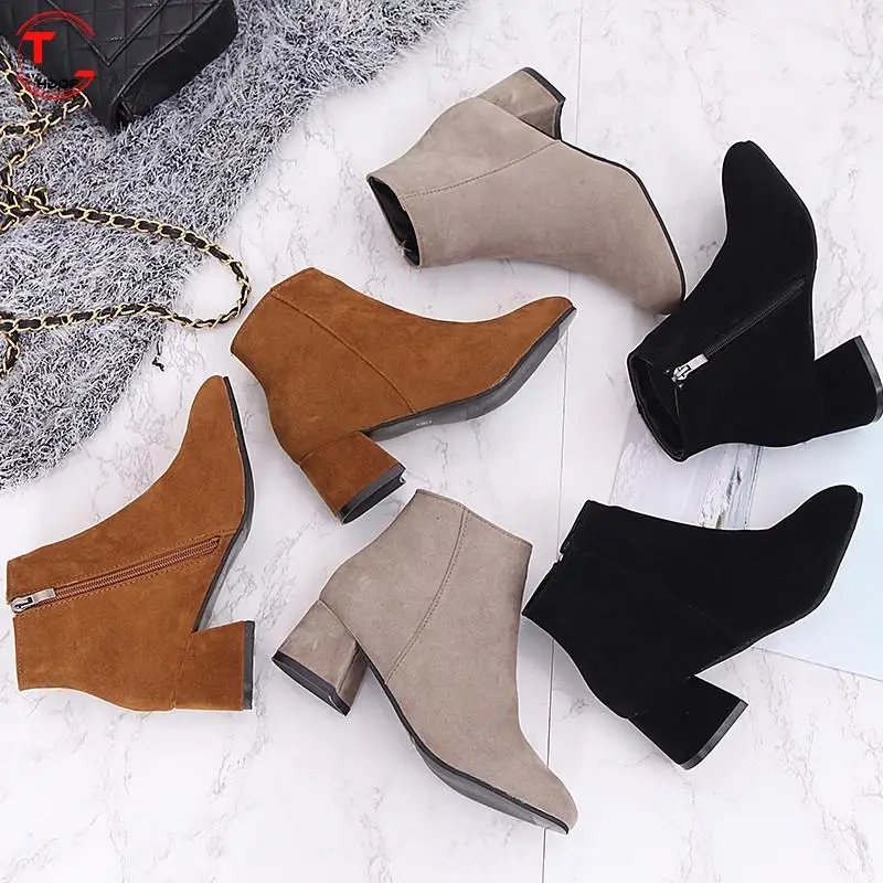 

Women's Boots 2022 Women's Fashion Solid Color Short Boots Side Zipper Suede Block Heel Boots Ankle Boots New Botas Altas