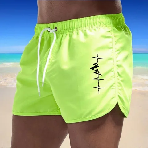 Пляжные шорты с принтом сердцебиения, мужские летние быстросохнущие пляжные шорты для фитнеса, одежда для плавания и бега