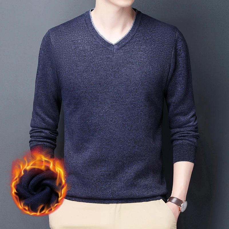 

2022 New winter Thick pullover men's V-neck solid color long sleeve warm slim sweater men's sweater pull men's wear