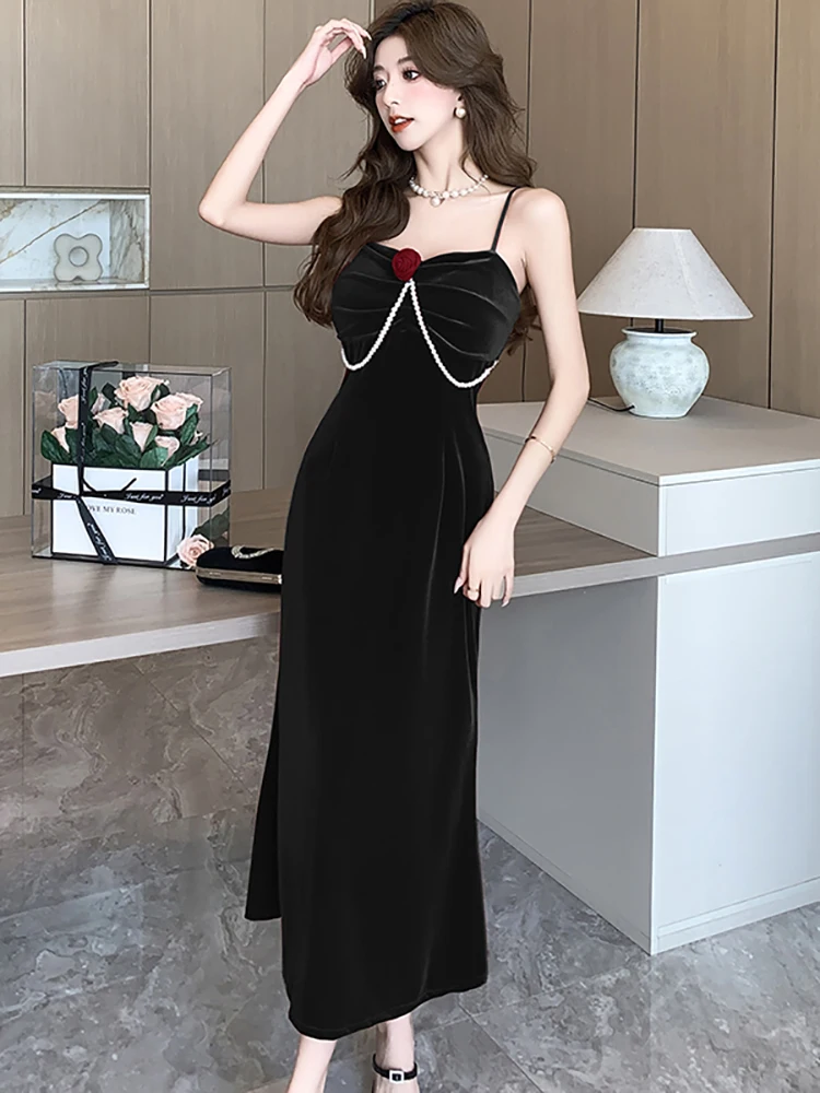 Женское бархатное платье на бретельках красное элегантное в Корейском стиле для