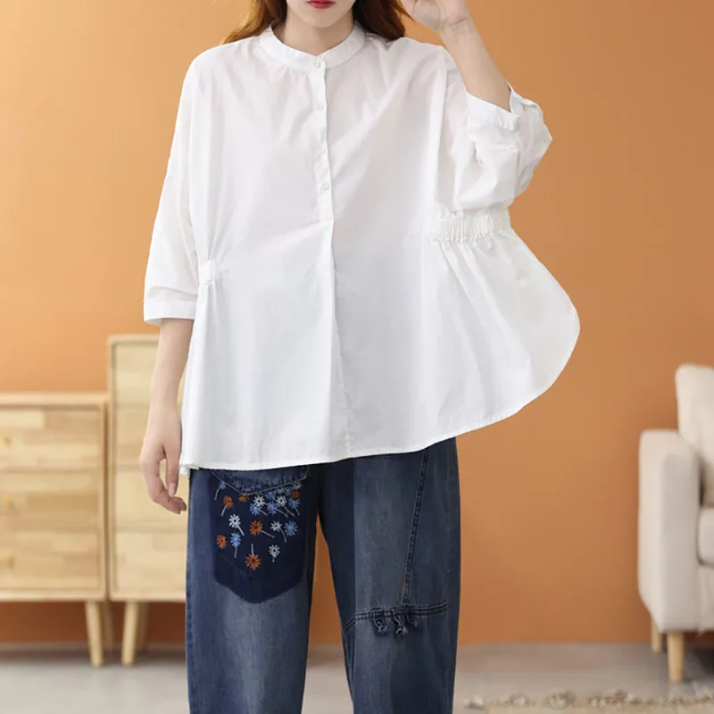

SeeBeautiful IrregularThin Loose Shirt Stand Three Quarter Sleeve Pleated Single Breasted Blouse Summer 2022 New Fashion Q340