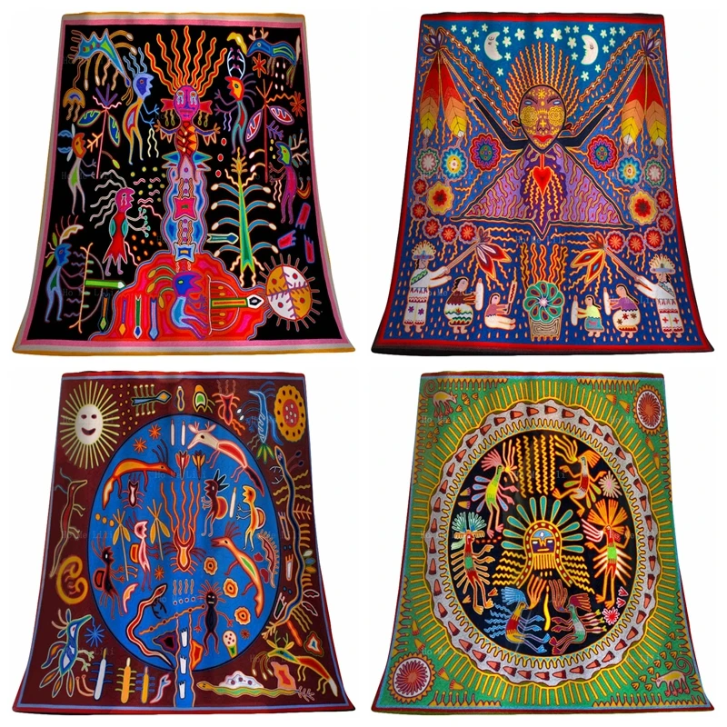 

Sun Moon Huichol Art Yarn Paintings Traditional Folk Shaman Religion Mexican Native Flannel Blanket By Ho Me Lili Home Decor