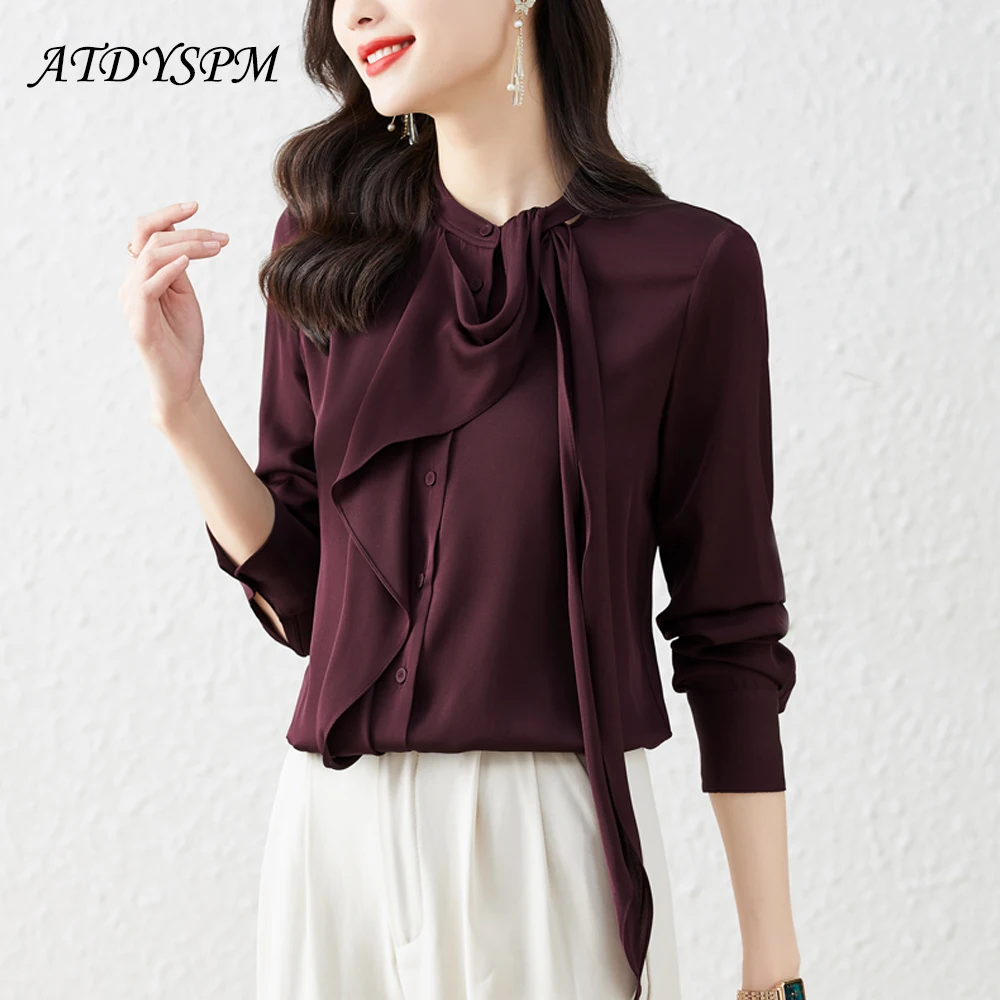 

Long Sleeve Ladies Casual Shirts Elegant Silk Satin Blouses With Ribbon Vintage Female Basic Tops Blusas Mujer De Moda 2023