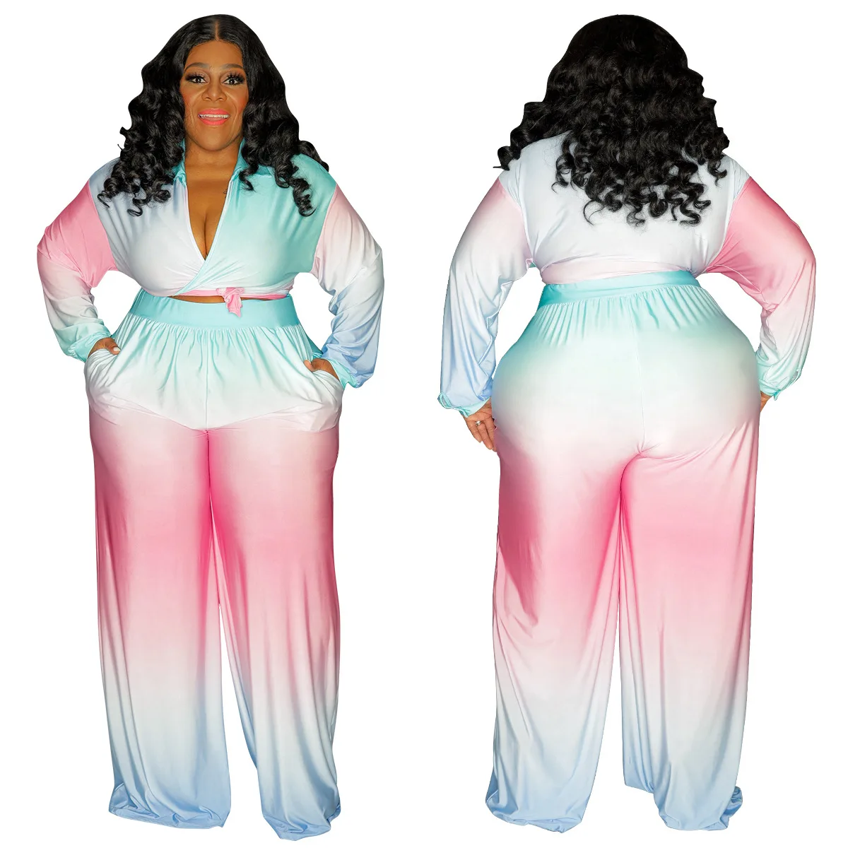 African Clothes for Women Summer African Women Long Sleeve V-neck Polyester Plus Size Two Pieces Sets Top and Long Pant L-4XL