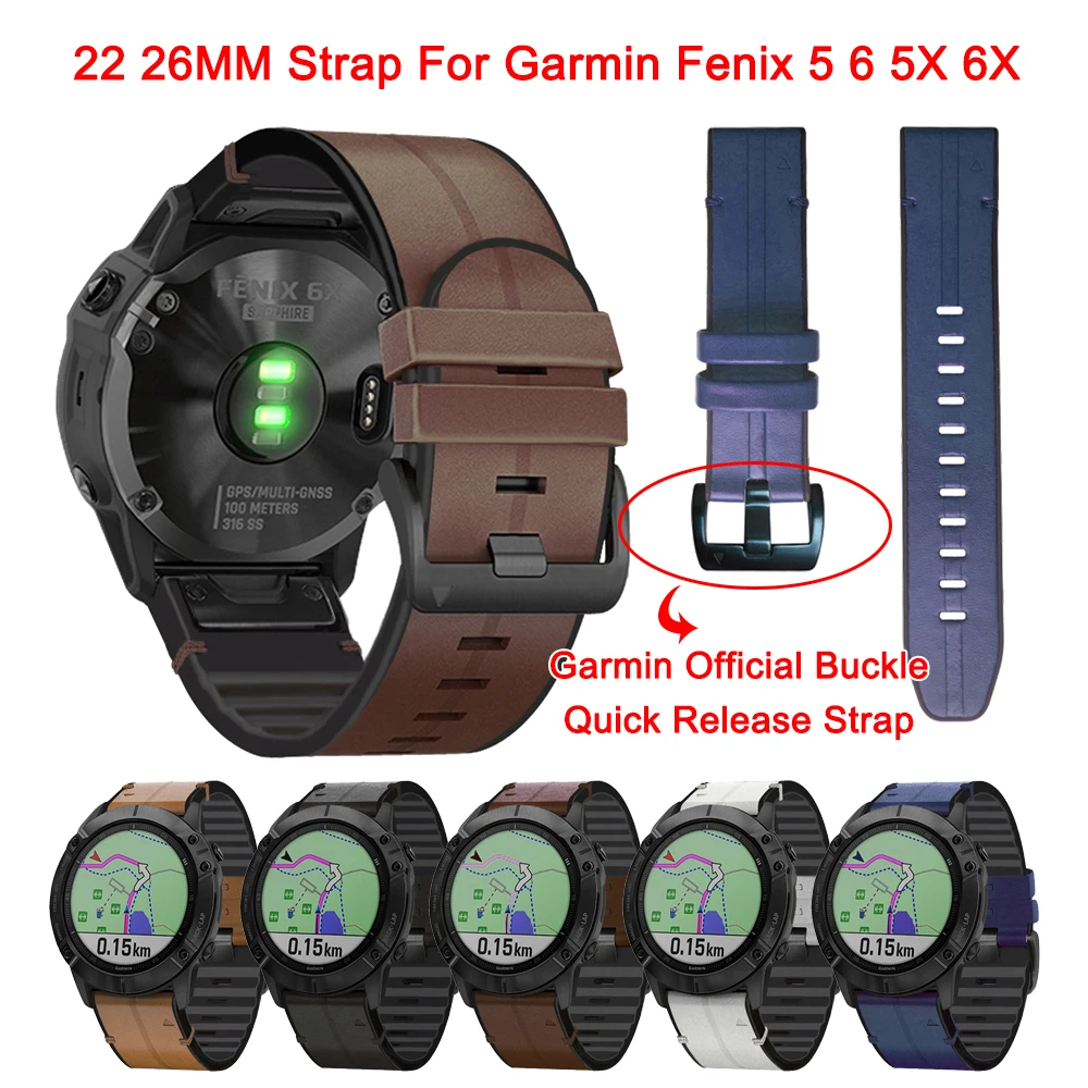 

22 26MM Silicone Leather Watch Band For Garmin Fenix 5 6 5X 6X 3 3HR Quick Release Strap Official Buckle Replacement Bracelet