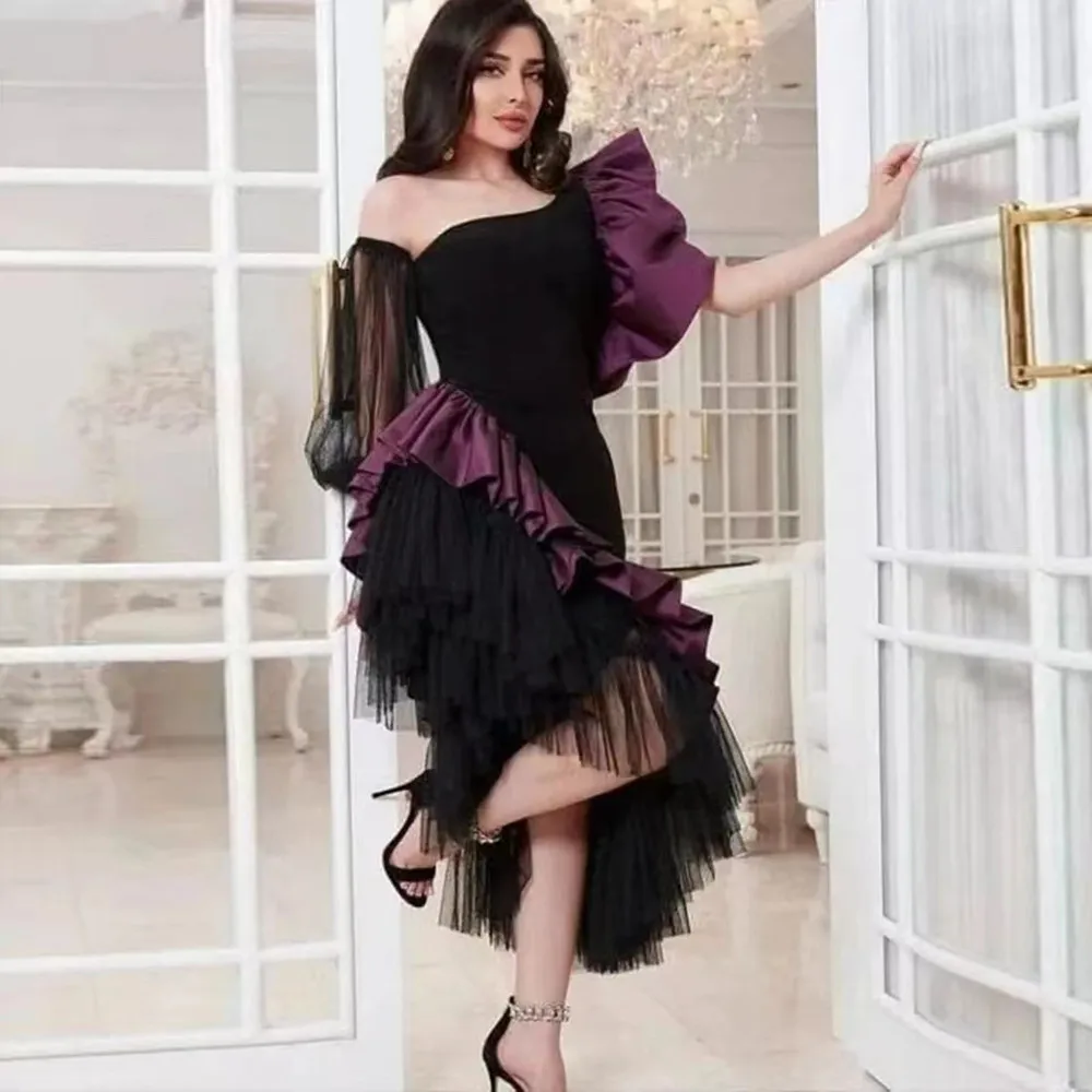 

Black Purple Asymmetrical Arabia Prom Dresses Short Sleeves Satin Tulle Midi Formal Evening Party Gown Dubai soiree