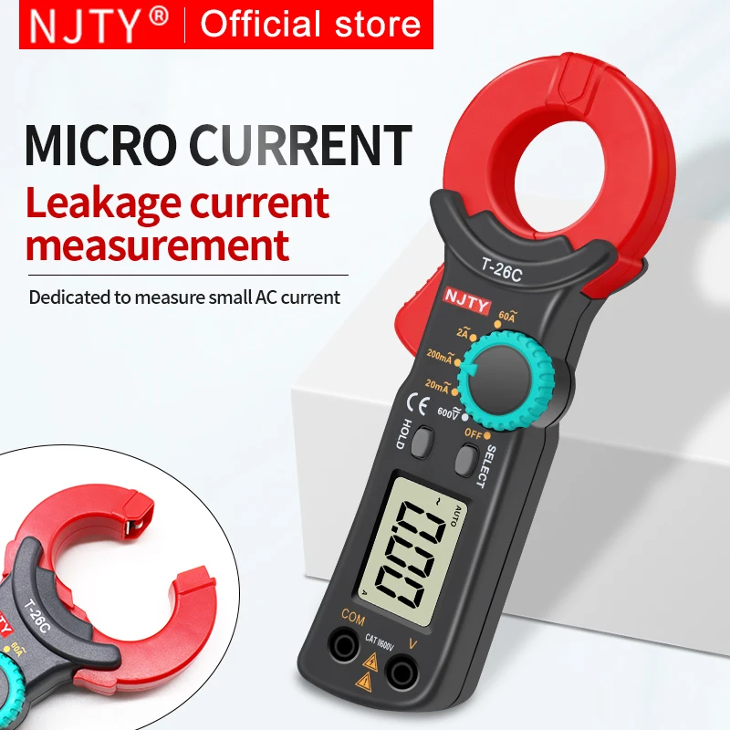 NJTY Professional Leakage Current Tester T-26C Digital Clamp Meter Clamp Leaker Ammeter Voltmeter 0.01mA Micro Current Measuring