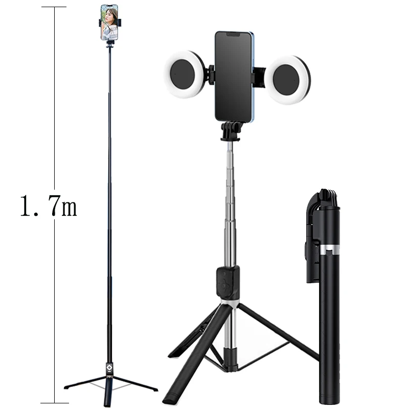

1.7m Extendable live Tripod Selfie Stick Support LED Ring Dual light mirror Stand 4 in 1 Phone Mount for iPhone X 8 11 Android