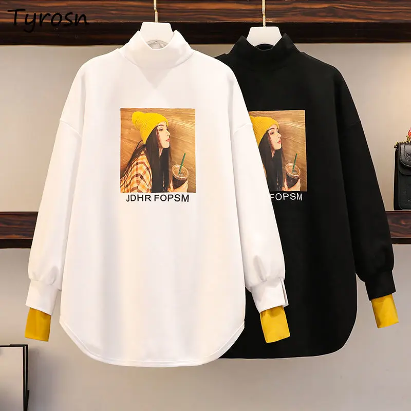 

Women Hoodies Half High Collar Print Patchwork Fake Two Piece Harajuku Streetwear Chic Vintage M-4XL Casual Hip-hop Clothing